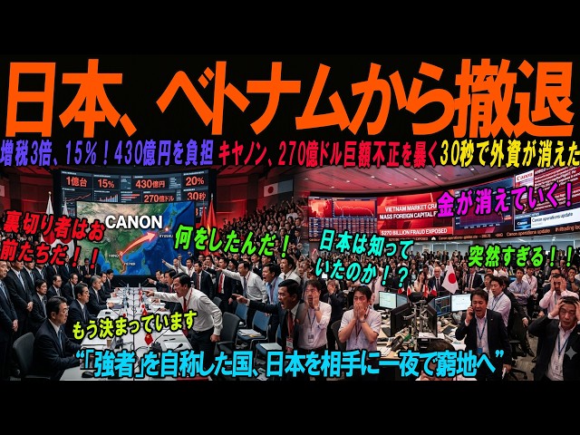 【海外の感動話】我々こ���強者だベトナムが日本を夜間強制追放15年間の5％減税を破棄電力20％を無通知カットキヤノン年間1億台拠点も撤退30秒後外資が一斉撤退270億ドル巨額不正が発覚し国家経済を圧迫