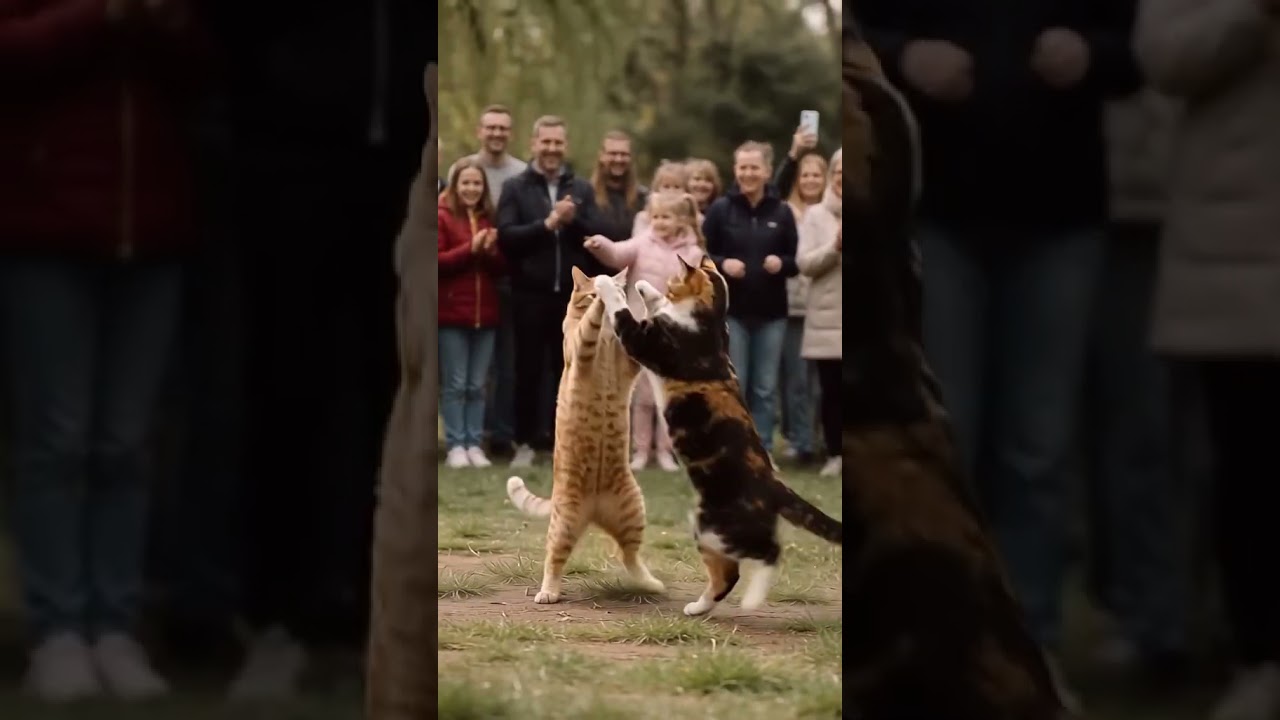 公園で2匹の猫が向かい合って息ピッタリのダンスを披露している