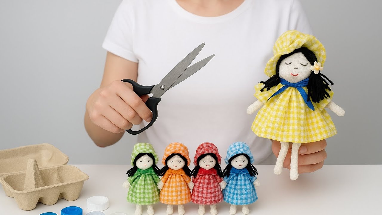♻️DIY Fabric Dolls from Recycled Materials 🧵 | Bottle Caps, Egg Cartons & Fabric Scraps!