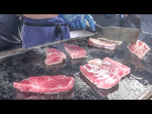 Big Chunks of Tuna on the Grill. London Street Food. Great Fish Sandwiches