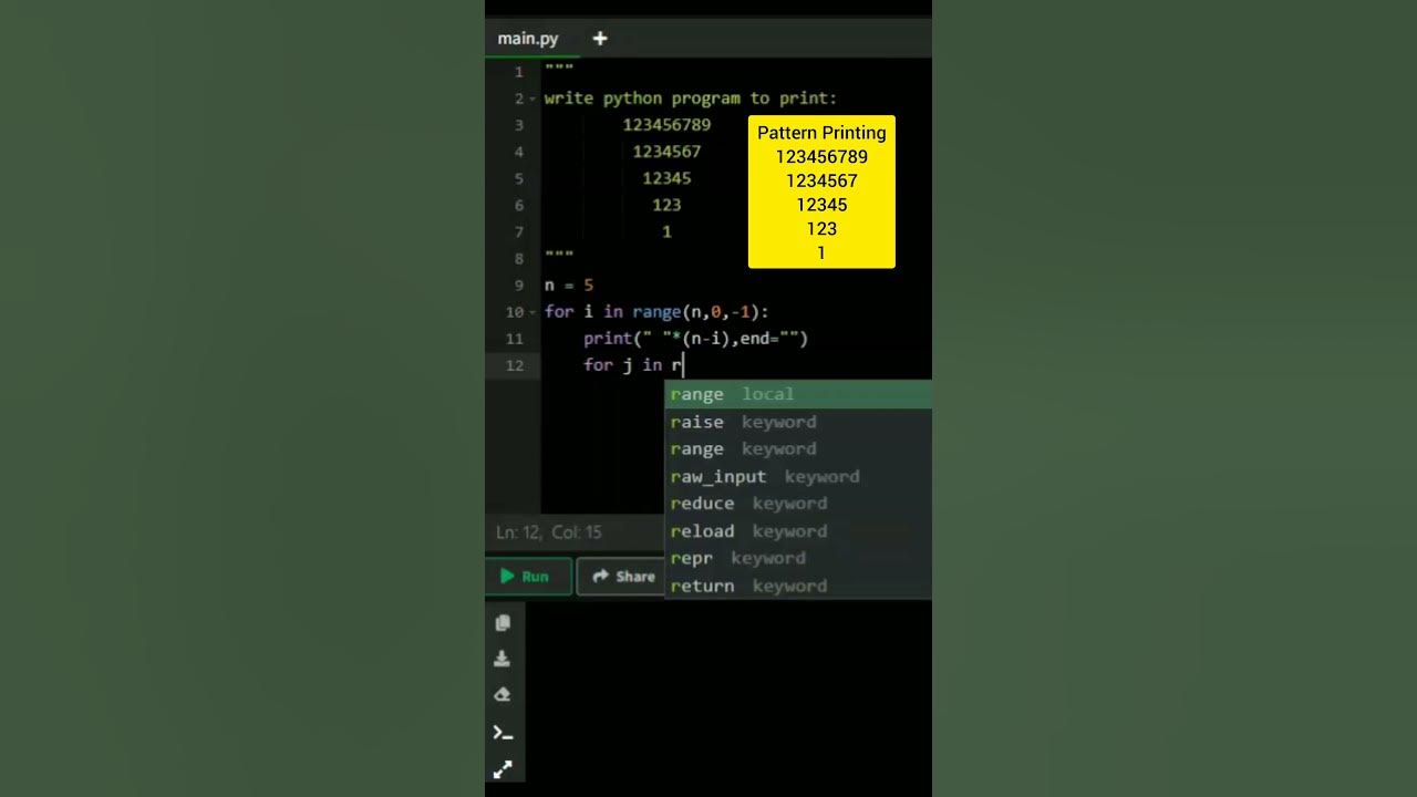 pattern Printing in python | Inverted Pyramid Number Pattern#viralshort ...