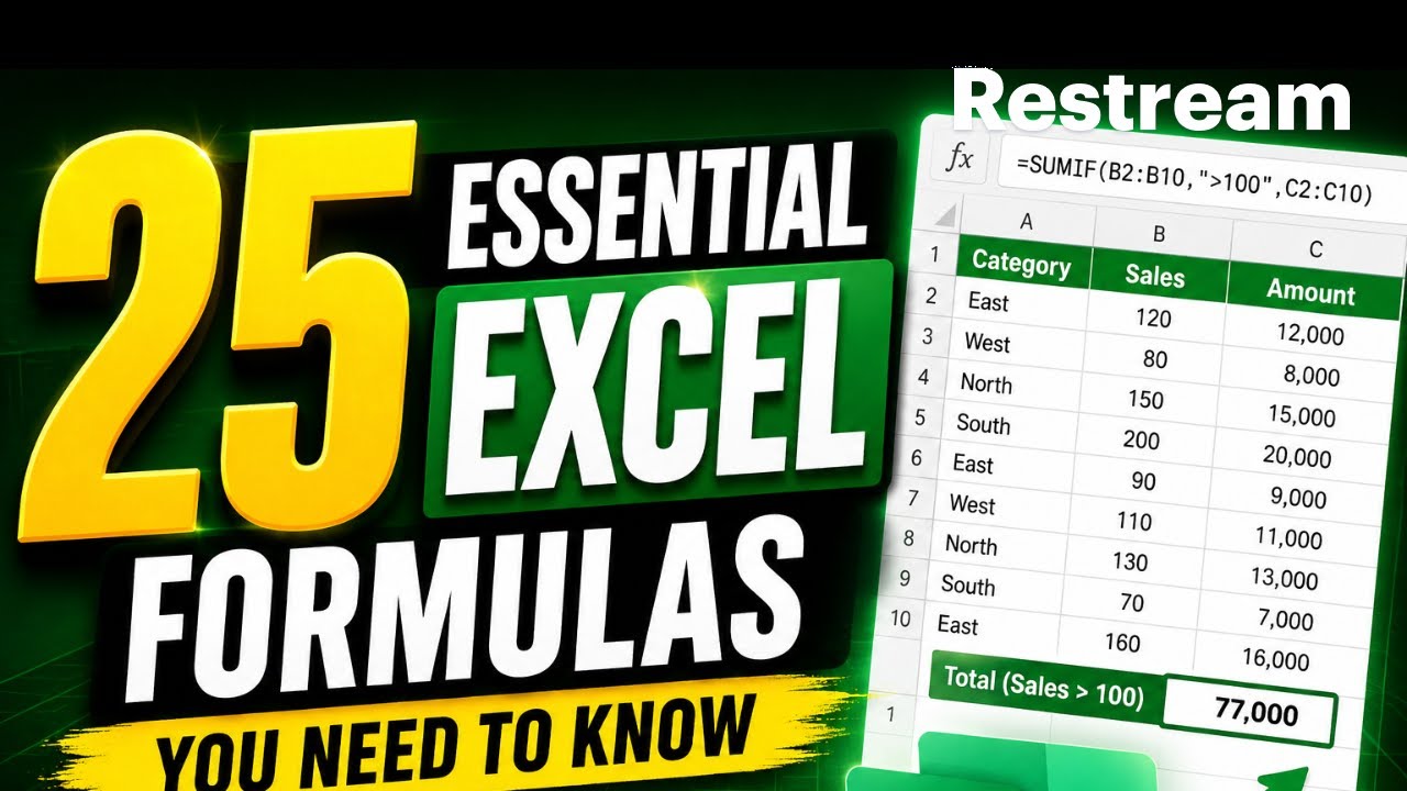 100 Excel Formulas You Need to Know #excel #live - YouTube
