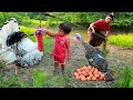 Wild Women- Mother and Baby boy find fish found big turkey with egg Cooking food for Dinner Eat