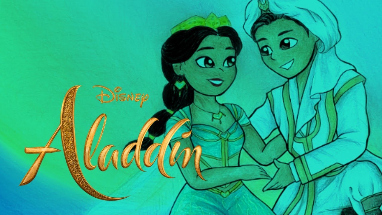 Desenhando Aladdin e Jasmine da Disney em Um mundo ideal