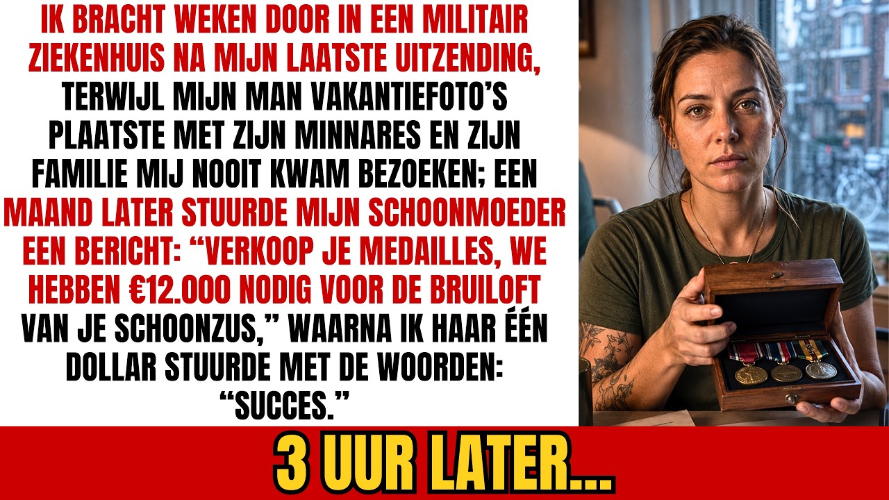 Terwijl ik in het ziekenhuisbed lag en opnieuw leerde lopen, kreeg ik een bericht van mijn schoonmoeder: “Ik wil dat je je onderscheidingen verkoopt. Wij hebben €12.000 nodig voor de bruiloft van...
