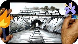 كيف ارسم نفق حجري. ورسم قطار وجبال. مع رسم سكة حديد