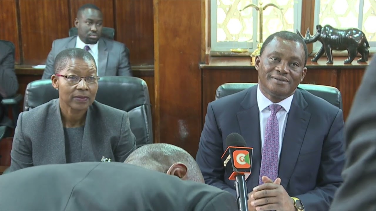 Public Service CS  JB Muturi at Sheria House for the official handover to incumbent AG Dorcas Oduor