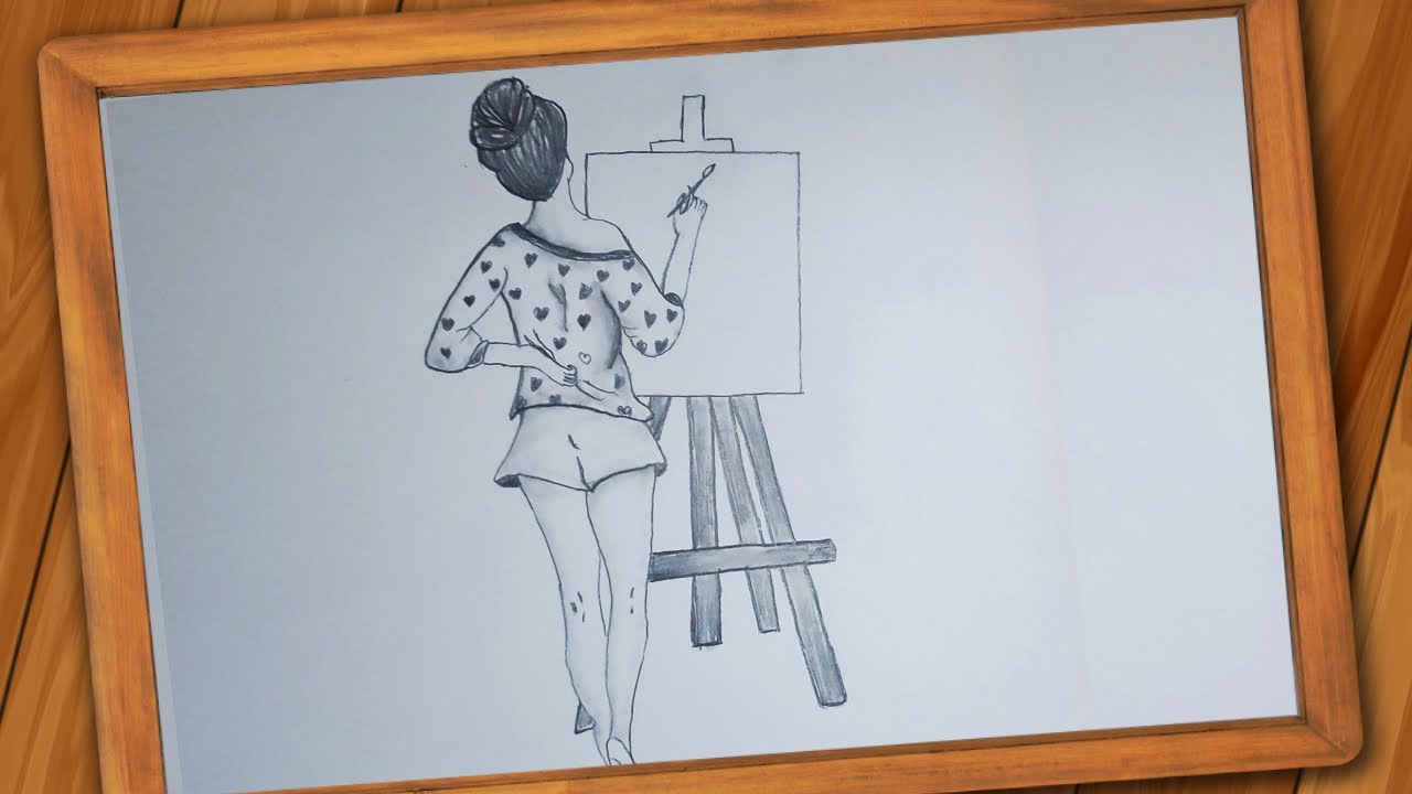 How to draw girl painting on canvas | Drawing Girl In front of a ...