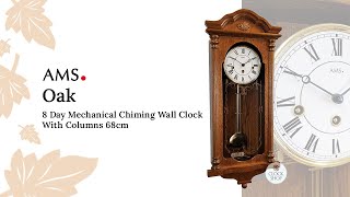 68cm Oak 8 Day Mechanical Chiming Wall Clock With Columns By AMS