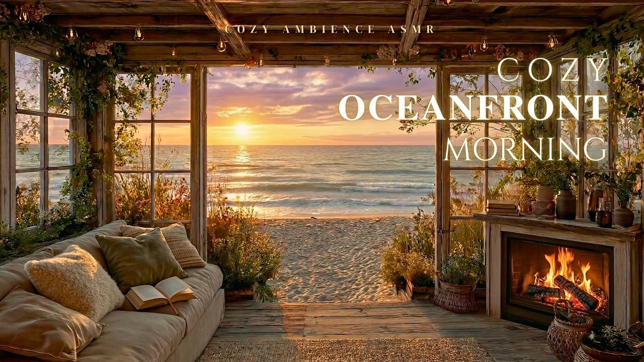 Cozy Oceanfront Morning 🔥🌊 Fireplace Crackles & Gentle Waves for Relaxing Escape