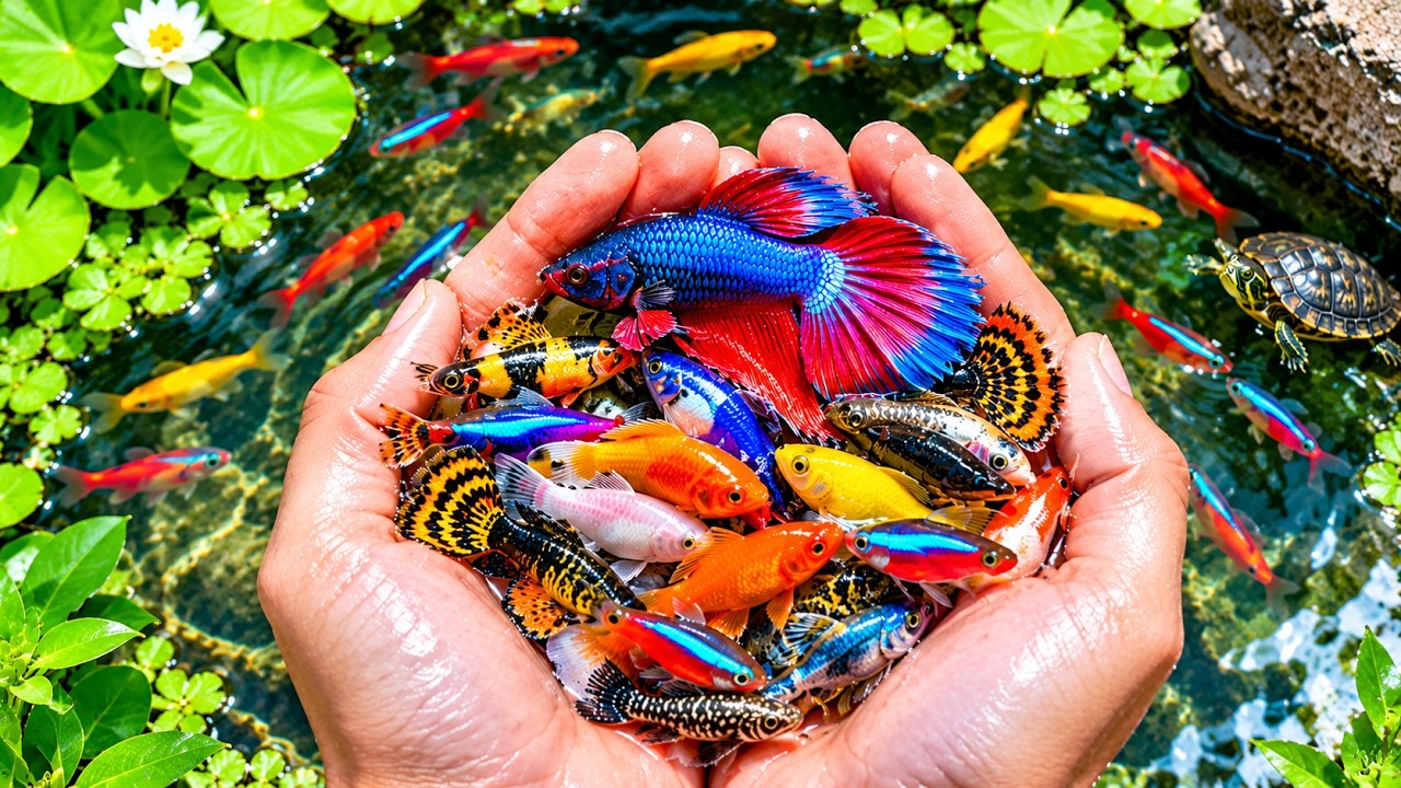 Catching Colorful Aquarium Fish in a Small Pond | Neon Tetra, Betta ...