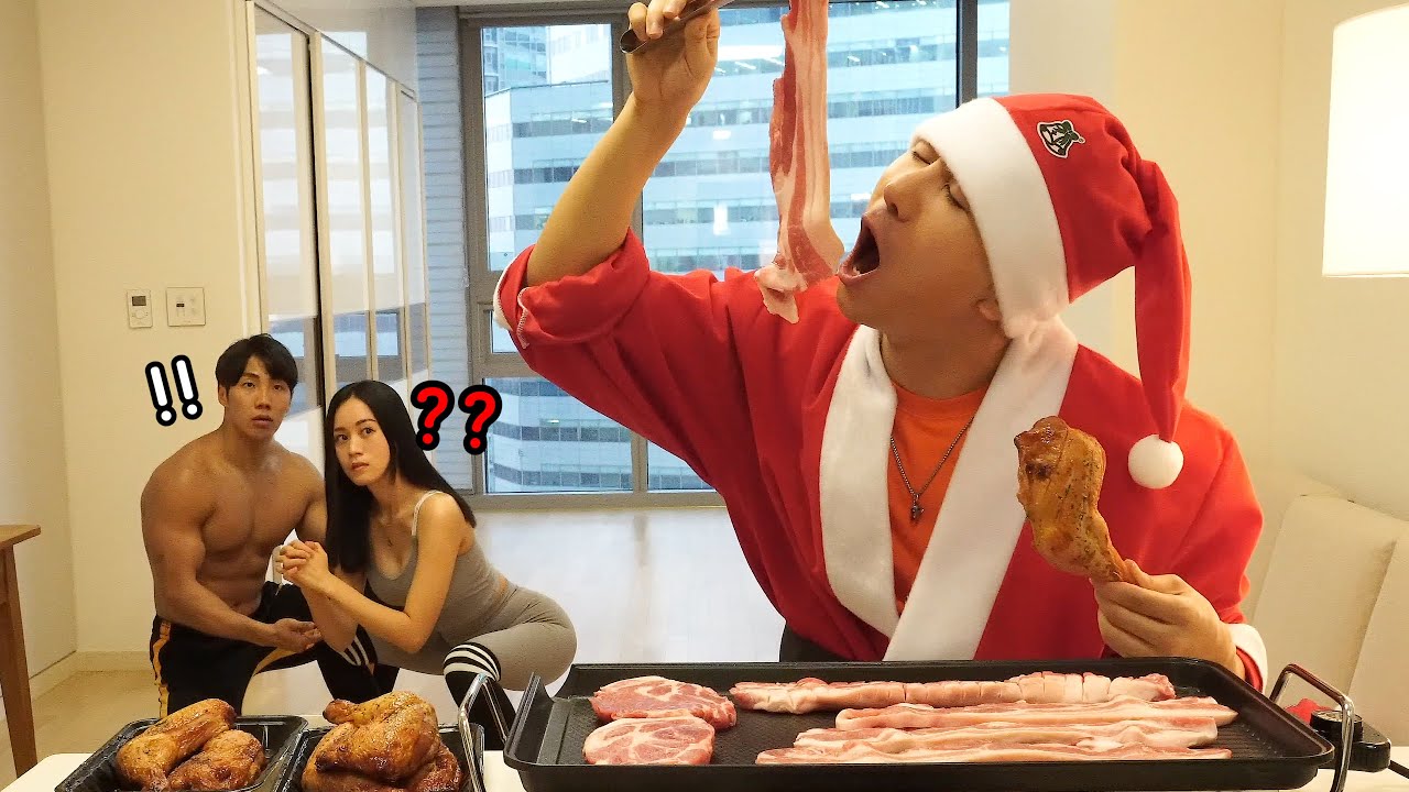 韩国淘气弟弟挑衅在健身的姐姐, 姐姐和教练究竟能不能坚持!? Pork belly Mukbang Eating Show 삼겹살먹방몰카