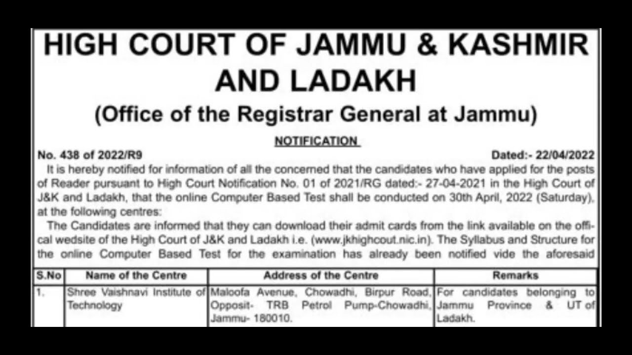 HIGH COURT OF JK & LADAKH || READERS EXAM