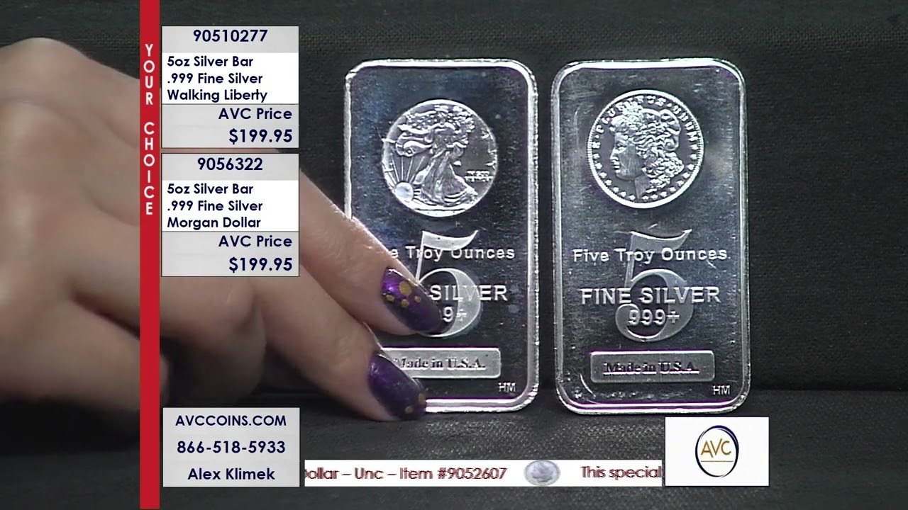 5 oz Silver Bar - .999 Fine Silver - Walking Liberty & Morgan Dollar Design