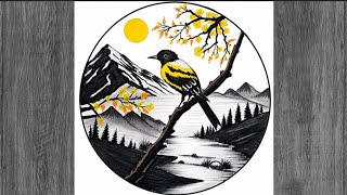 Easy circle scenery /Easy drawing ideas for beginners/ Beautiful bird in the sunset drawing