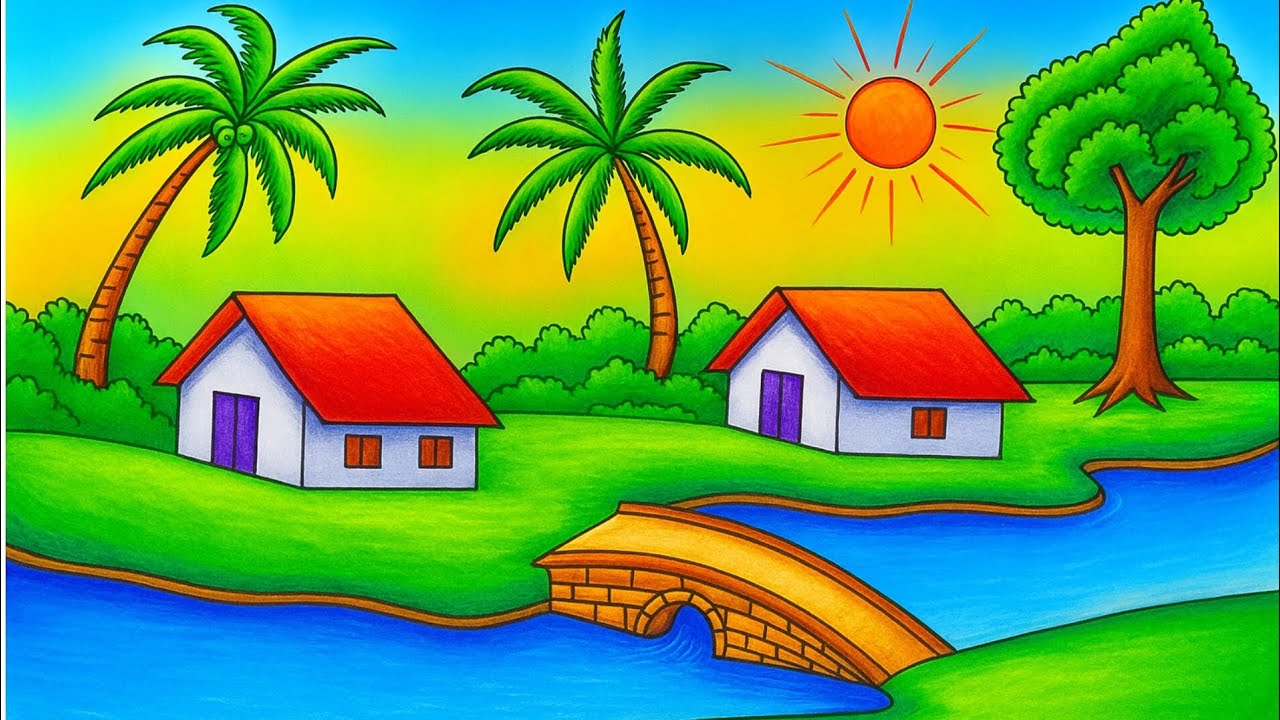 How to draw village scenery with River bridge | simple nature drawing 