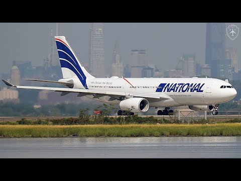 4K | National Airlines A330-200 Freighter | Powerful Runway 4L Departure at JFK, Manhattan Skyline