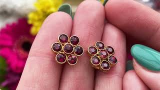 Edwardian Gold Garnet Flower Stud Earrings, (3.36ct) #6968