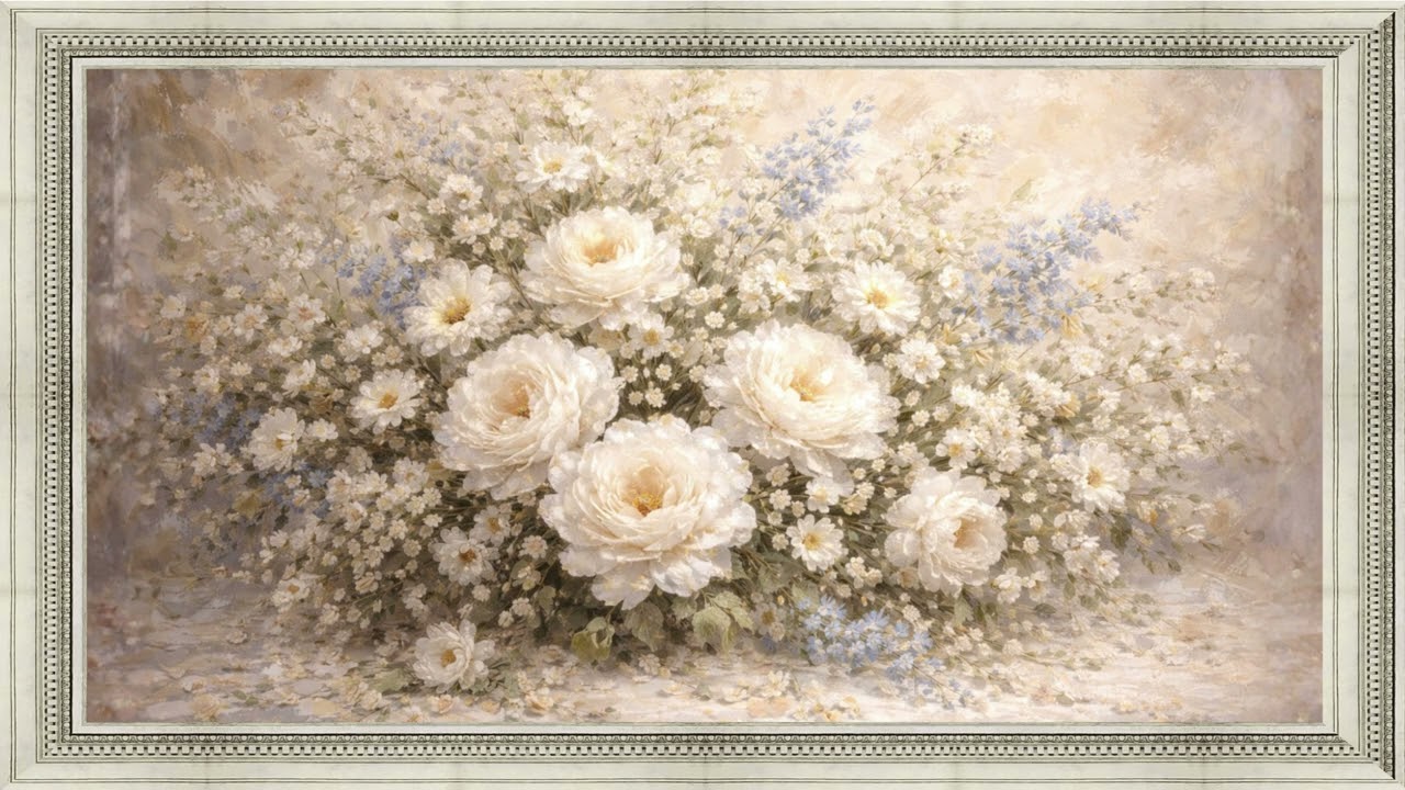 White Wildflowers | Impressionist Painting | Framed TV Screensaver (No Audio)