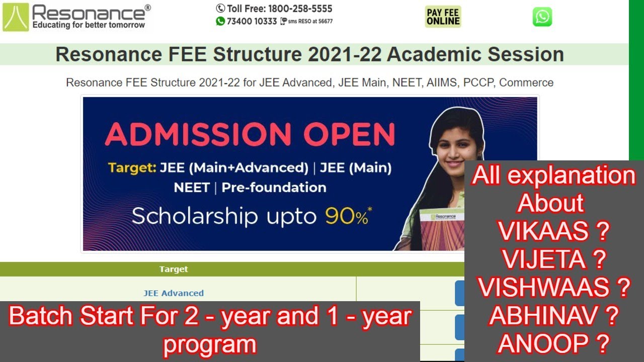 Resonance 2021 22 Fee Structure JEE (Main+Advanced) Jee Main fees 2021 22 Vikaas