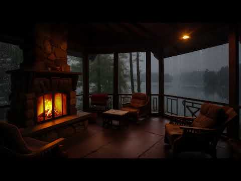 Cozy Cabin Porch Ambience for Sleep | Warm Fire and Quiet Forest Rainy Night