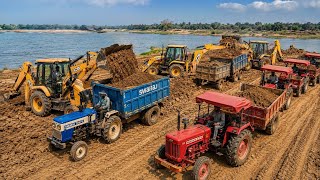 JCB 3dx Backhoe Machine Loading Mud in Mahindra Novo 605di | Mahindra Yuvo 575di Tractor Trolley