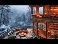 Outdoor lakeside porch ambiance with gentle falling snow  smooth jazz instrumental music for relax