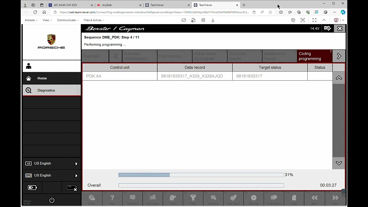 Porsche Cayman MY 2017, PDK re programming after failed calibration.