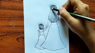 Mother daughter drawing | Easy mother daughter drawing | Drawing for beginners |