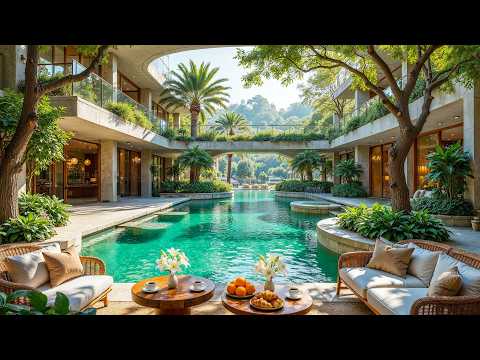 🌿 Luxury Courtyard Resort Morning Jazz | Emerald Lagoon Views, Smooth Piano for Study, Work & Relax