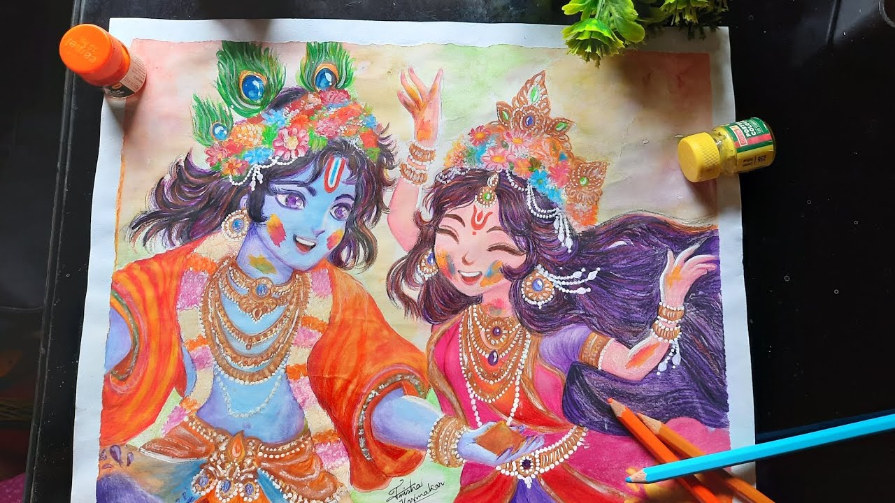 Holi Special Radha Krishna Drawing Using Grid Method Tutorial | Colour ...