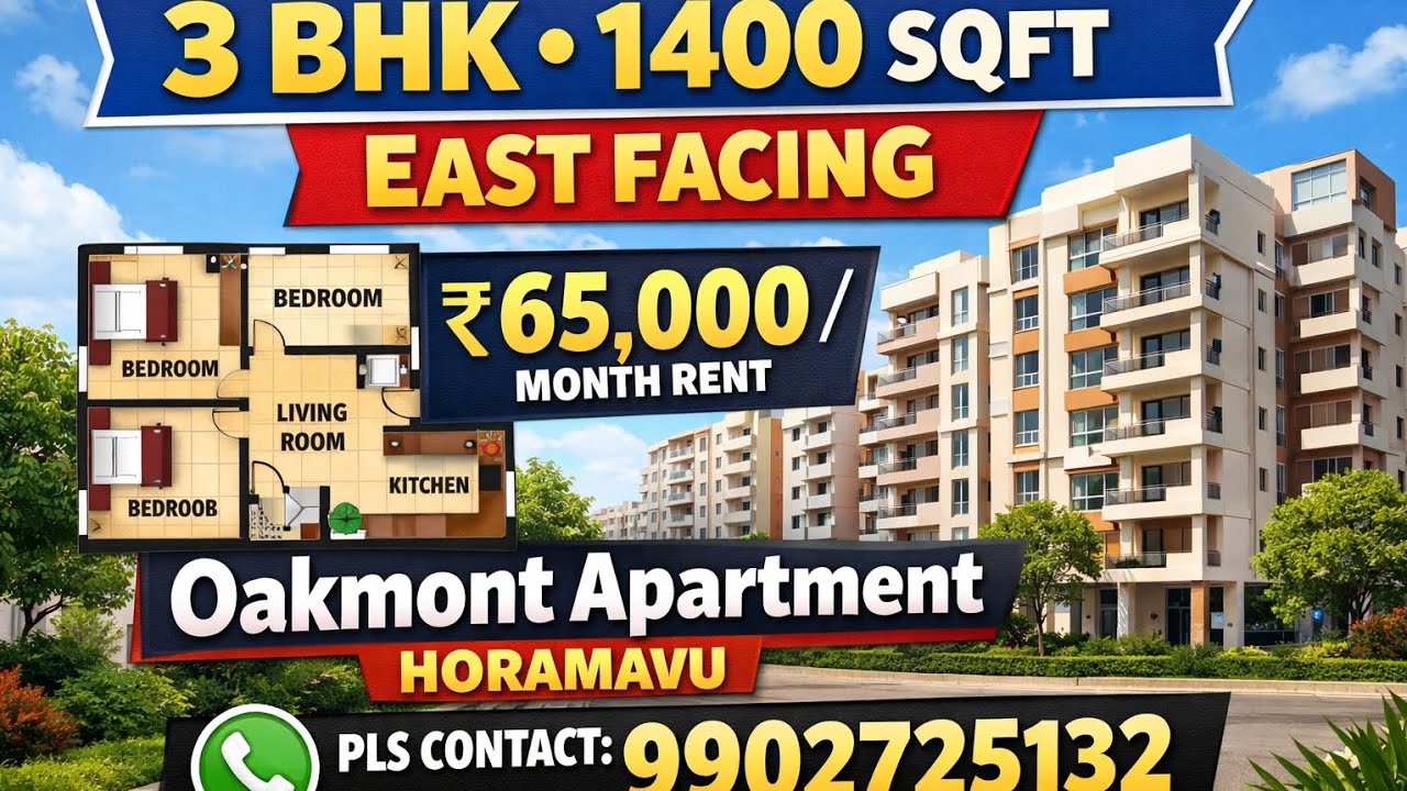 3 BHK, 1400 sqft, East Facing, 65k rent, Oakmont Apartment, Horamavu @Bangaloredreamhouse 