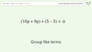 Linear equation with one unknown: Solve 5(2p+1)+3(3p-1)=0 step-by-step solution