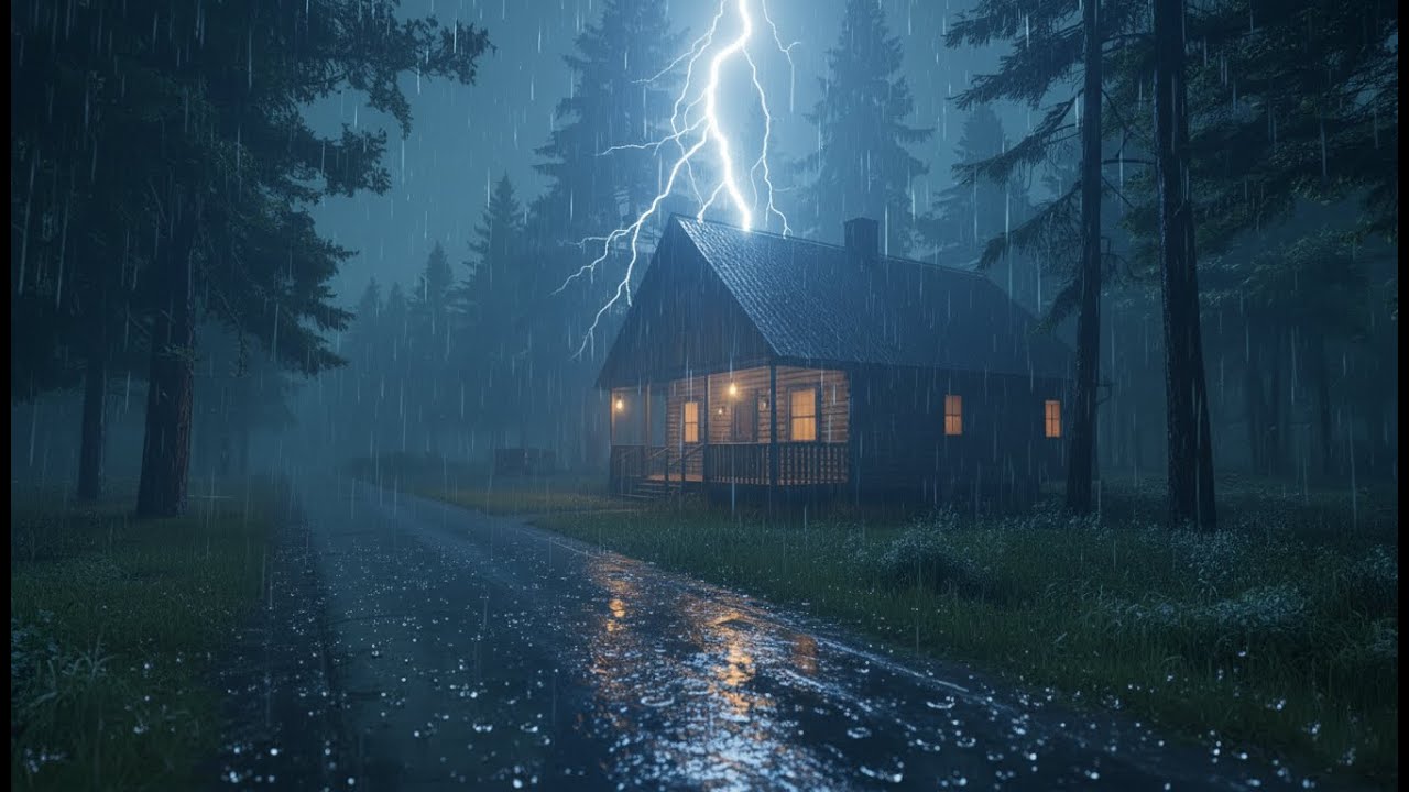 Heavy Rain & Thunderstorm Ambience | Cozy Forest Cabin Rain Sounds for Deep Relaxation and Sleep