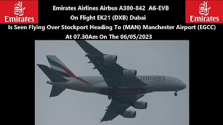 4K Emirates Airbus A380-842 A6-Evb On Ek21 Is Seen Heading To Manchester Airport On 06052023