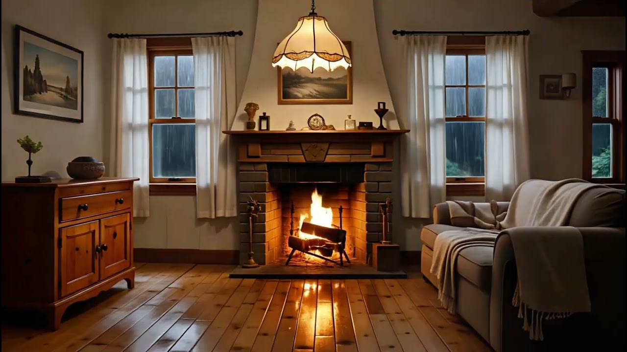 Noche acogedora con lluvia y chimenea 🔥 Sonidos relajantes para dormir profundo (2 horas)
