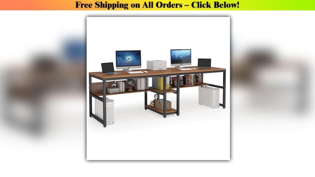 Tribesigns Two Person Desk with Bookshelf, 78.7 Computer Office Double Desk for Two Person, Rustic