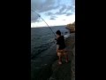 竿が海中に引きずり込まれ、回収してファイト!(ブログ用)