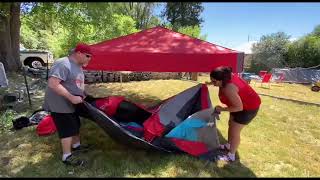 How To set up an Ez Up 6.4 Cube tent system and review.