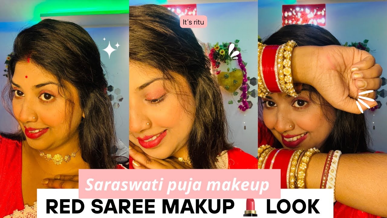 SARASWATI PUJA MAKEUP 💄|| সরস্বতী পূজা লাল সারি মেকআপ ॥ UNDER 100 RUPEES 
