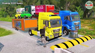 Double Flatbed Trailer Truck vs speed bumps|Busses vs speed bumps|Beamng Drive|824