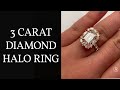 Vintage halo diamond ring  3 carat emerald cut diamond