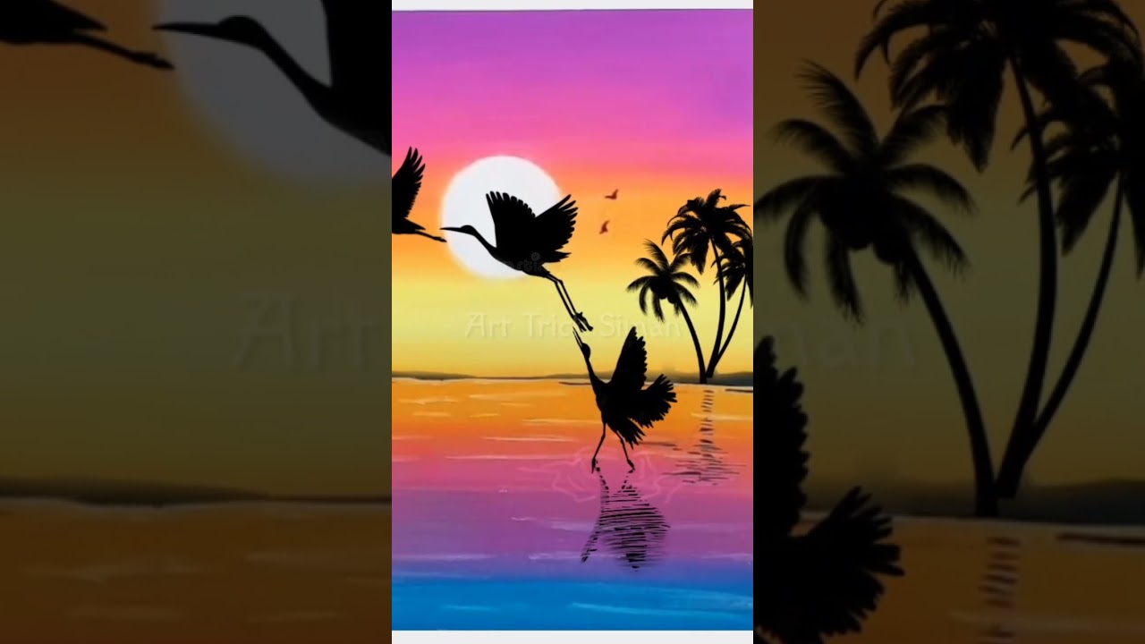 Beautiful sunset scenery with crane bird drawing oil pastel|Soft pastel drawing 