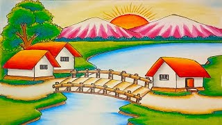 How to draw mountain landscape village scenery step by step drawing with oil pastel