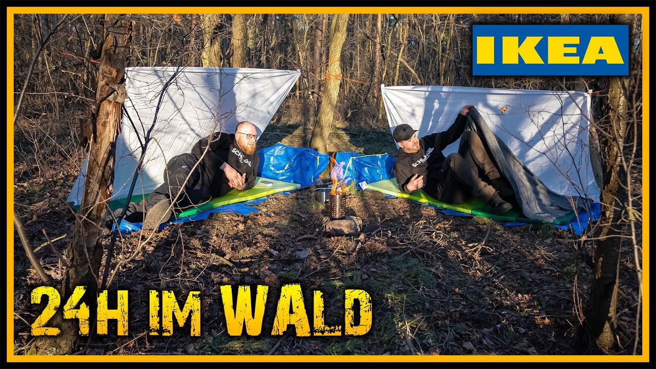 Übernachtung im Wald - 24h nur mit IKEA "Ausrüstung" - Bushcraft Outdoor Hotdog-Survival 🤣
