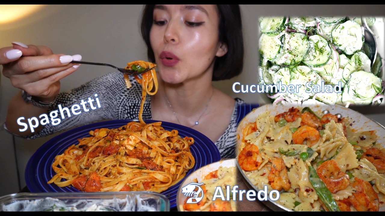 EATING SPAGHETTI ALFREDO & JUICY SHRIMP 🦐 + CRUNCHY CUCUMBER SALAD | #mukbang