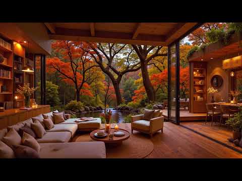 Stress Relief With Tranquil Autumn Jazz By The Lake 🍂 Cozy Morning Porch Ambience & Warm Fireplace