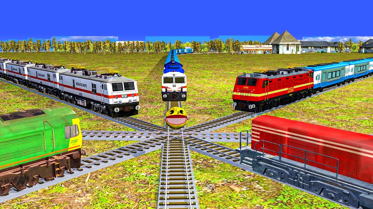 Five Trains at Forked Railroad #1  あぶない電車 5 Train Crossing 🚦Fumikiri 3D Train Simulator