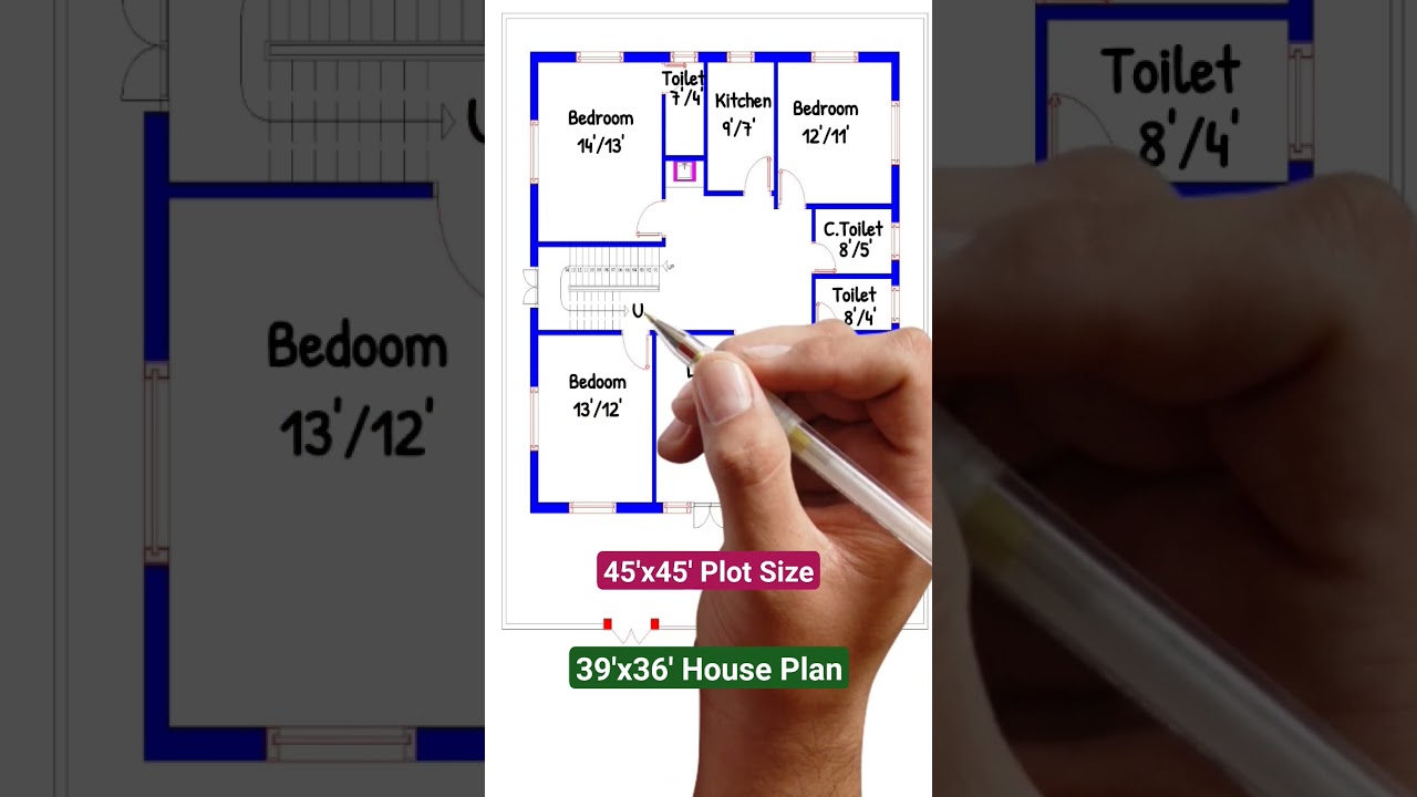 39' x 36' house plan | 1400 sqft home design |  home small house, 36*39 GHAR KA NAKSHA, HOUSE PLANS