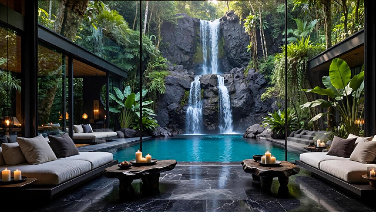 Luxury Jungle Retreat 🌿 Calm Jazz & Waterfall Ambience | Deep Relaxation, Spa & Stress Relief